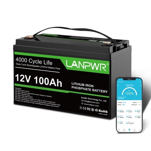 LANPWR 12 В, 100 Ач, литиевый аккумулятор LiFePO4, резервный источник питания, с функцией Bluetooth, мощность 1280 Втч, глубокий цикл 4000+